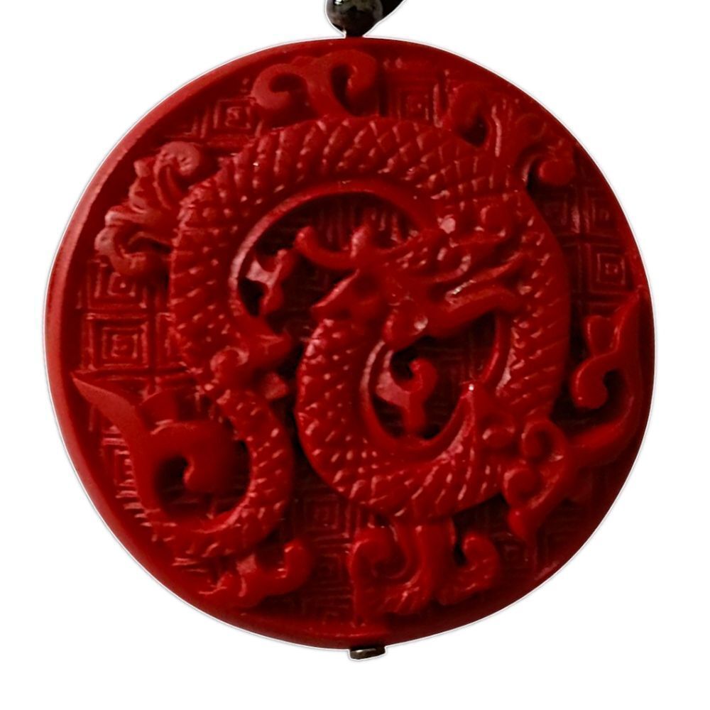 Vintage Cinnabar Medallion Pendant Necklace Dragon Black Satin Cord‎ Hand Carved